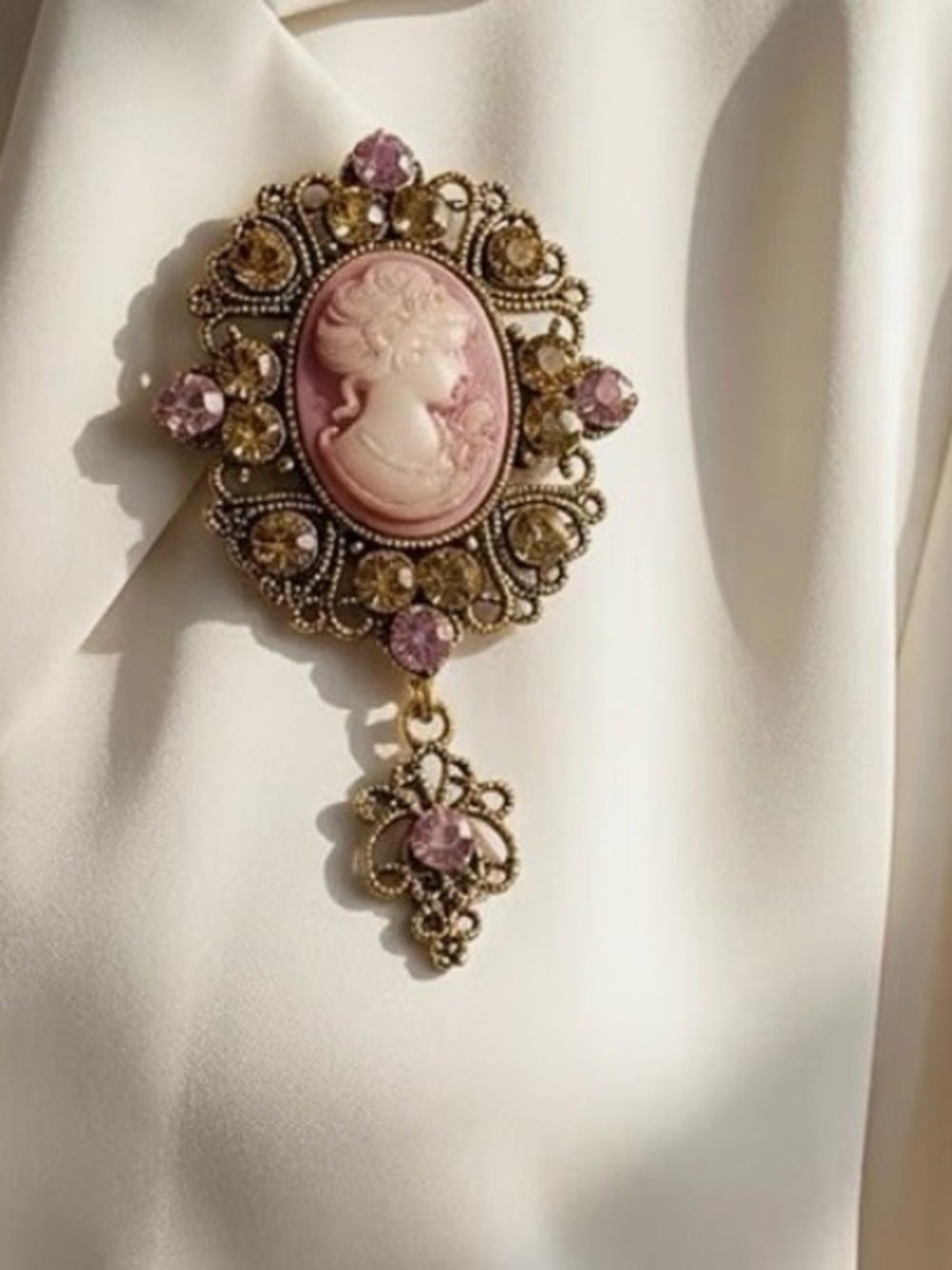 Vintage Look Pink Cameo Brooch with Gold Filigree